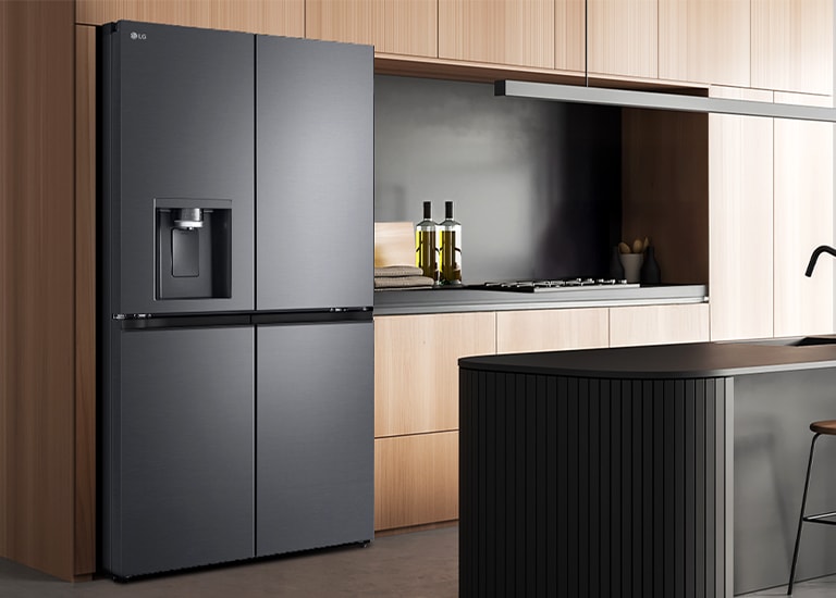 Modern kitchen interior with InstaView fridge.