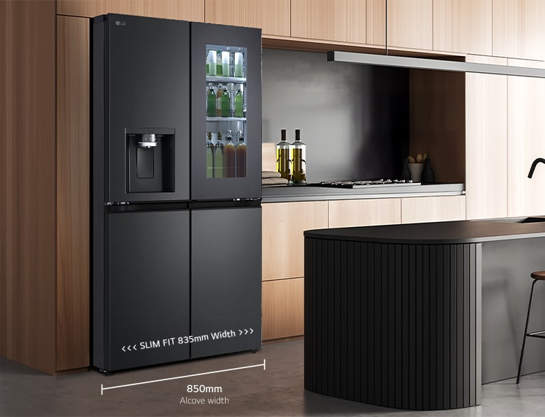 Modern kitchen interior with InstaView fridge.