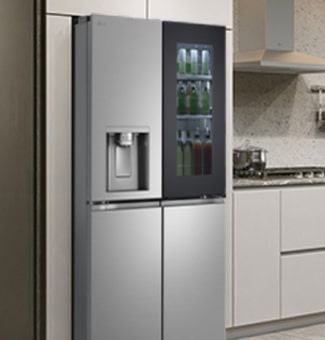 Modern kitchen interior with InstaView fridge.