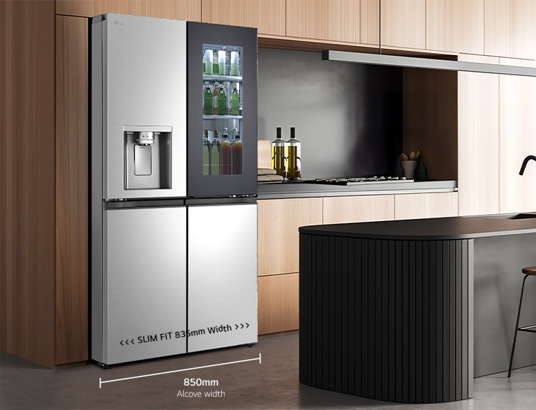 Modern kitchen interior with InstaView fridge.