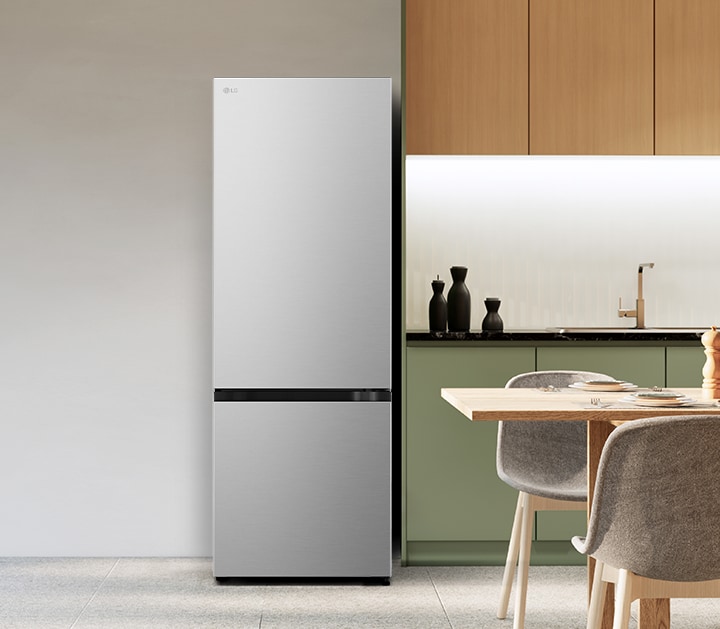 lg bottom freezer refrigerator in a modern kitchen.	