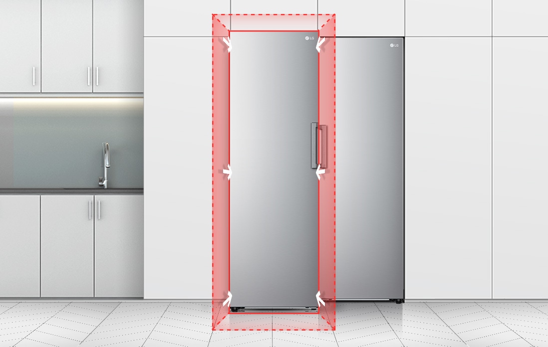 The front of a freezer is shown with blue shape and arrows pointing to demonstrate how the freezer fits in a kitchen space.