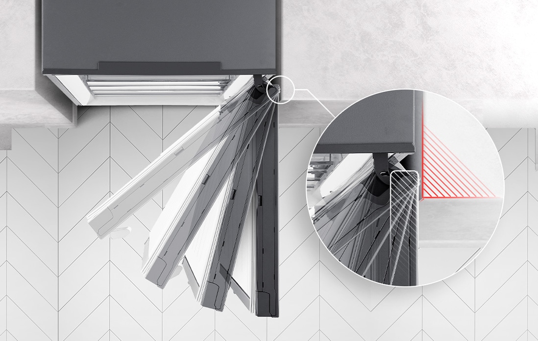 The freezer is shown from above with the door swinging out and stopped in four different places and a magnified inset of the hinges shows the hinge can be flush with the wall and never touch it when opening.