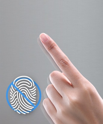 A hand pointing upwards with a fingerprint icon crossed out, indicating a fingerprint-resistant surface.