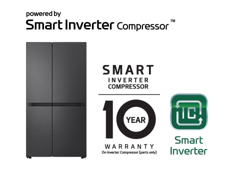 Product image with Smart Inverter Compressor™ Logo and 10 year warranty Logo.