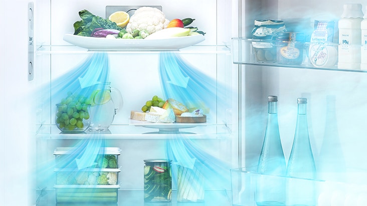 an open LG top freezer refrigerator showing how the multi air flow feature works.