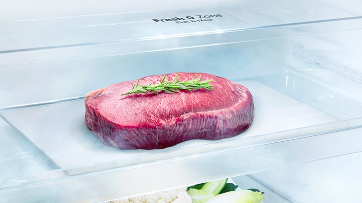LG top freezer refrigerator special drawer desgined to preserve foods like meat and fish, without needing to frost and defrost.