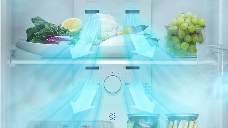 The image describes how multi air flow feature works inside of the refrigerator.
