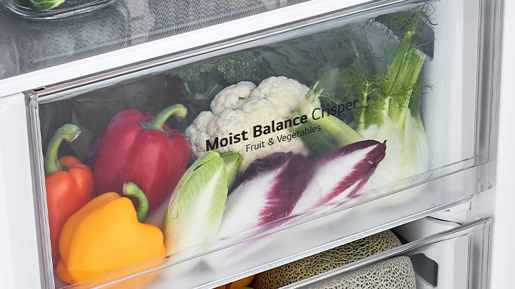Vegetables like capsicums, cauliflower, and radicchio in a fridge crisper labeled Moist Balance Crisper.