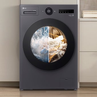 LG black front load washer dryer with a split view of the interior. The left side shows clothes washing in water, while the right side shows them being dried with warm air.