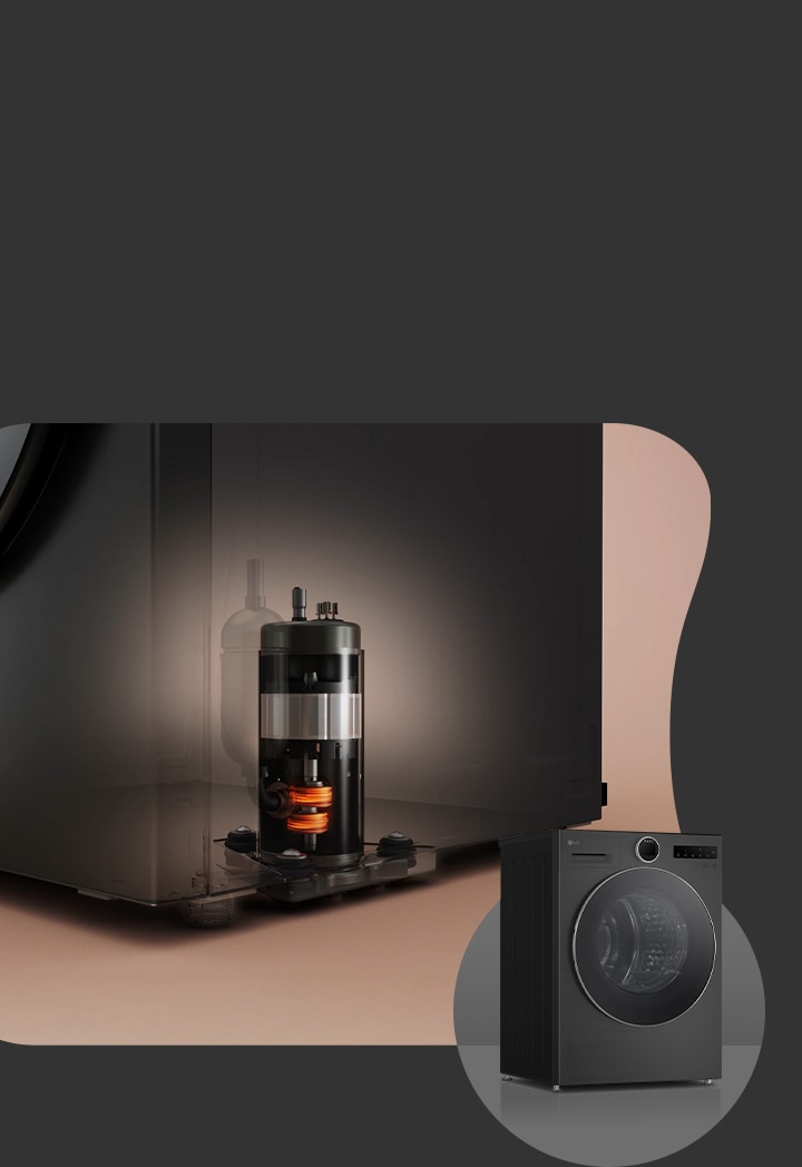 LG dryer with cutaway view showing AI DUAL Inverter on the left, and full dark front-load model on the right