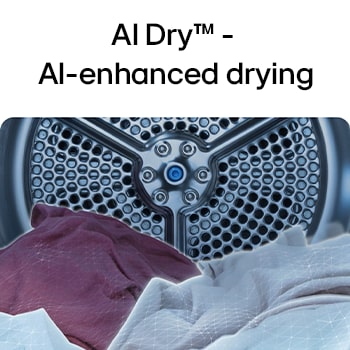 AI Dry™ - AI-enhanced drying. LG dryer drum interior with perforated metal surface and laundry inside the drum.