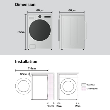 LG dryer dimension and installation diagram showing width, height, depth, and required wall clearance spacing.