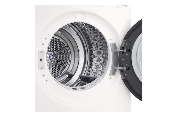 LG DXH3 Heat Pump Dryer with door open showing stainless steel drum interior
