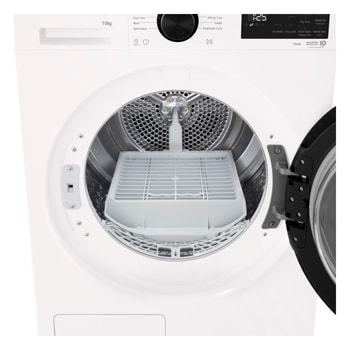 LG DXH3 Heat Pump Dryer with front door open, showing the drum interior.