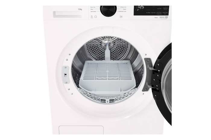 LG DXH3 Heat Pump Dryer with front door open, showing the drum interior.