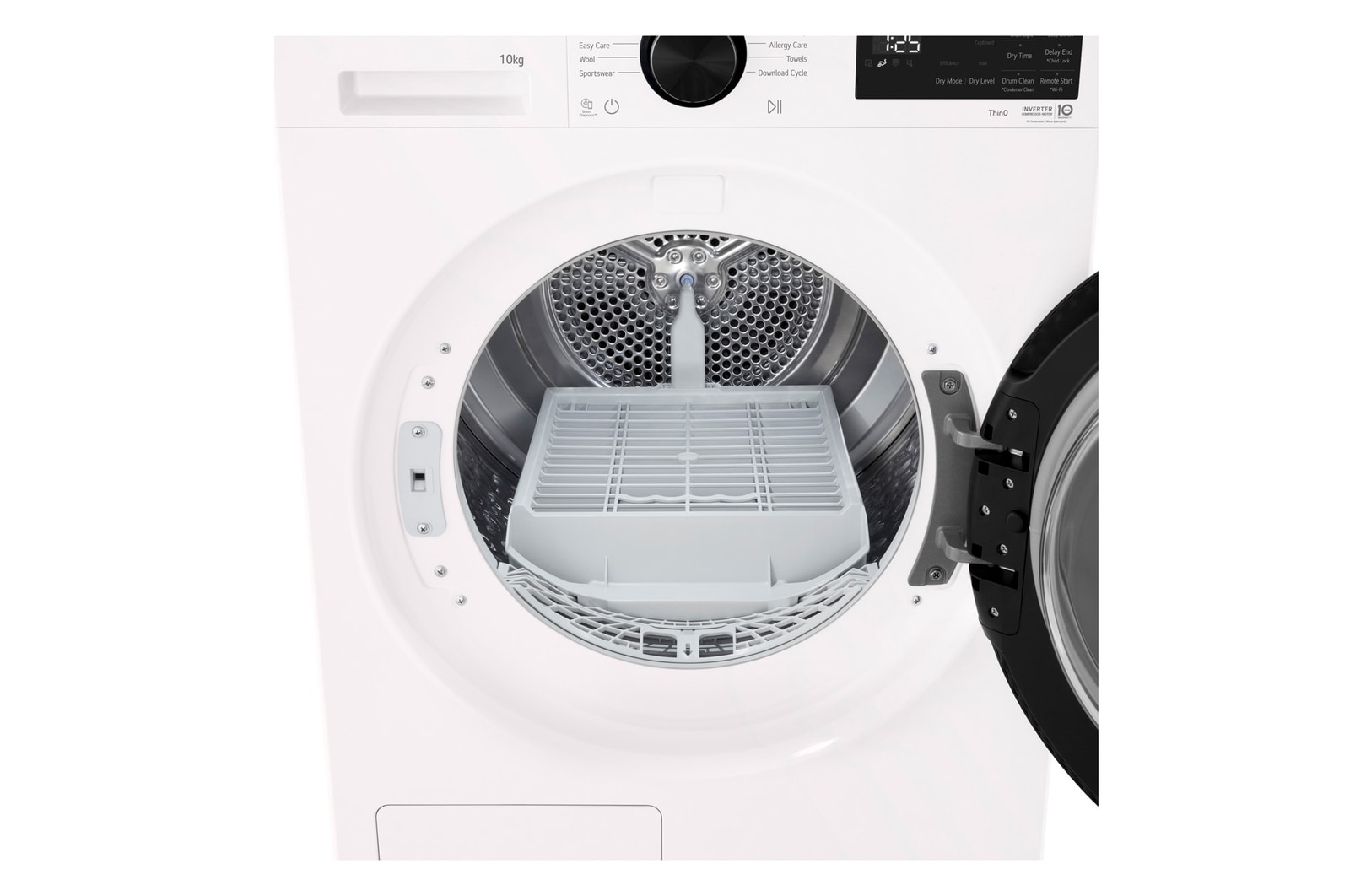LG DXH3 Heat Pump Dryer with front door open, showing the drum interior.