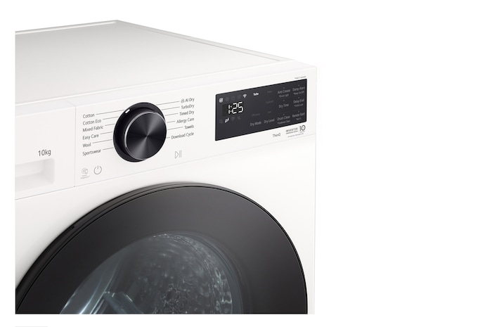 LG DXH3 Heat Pump Dryer front view showing control panel and circular door design