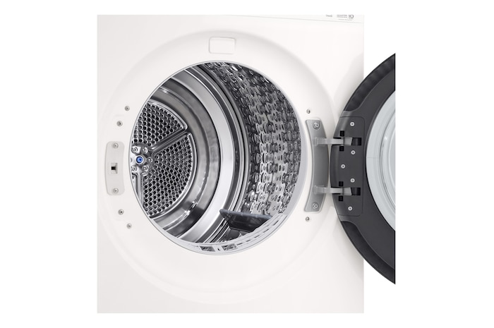 LG DXH3 Heat Pump Dryer with door open showing stainless steel drum interior