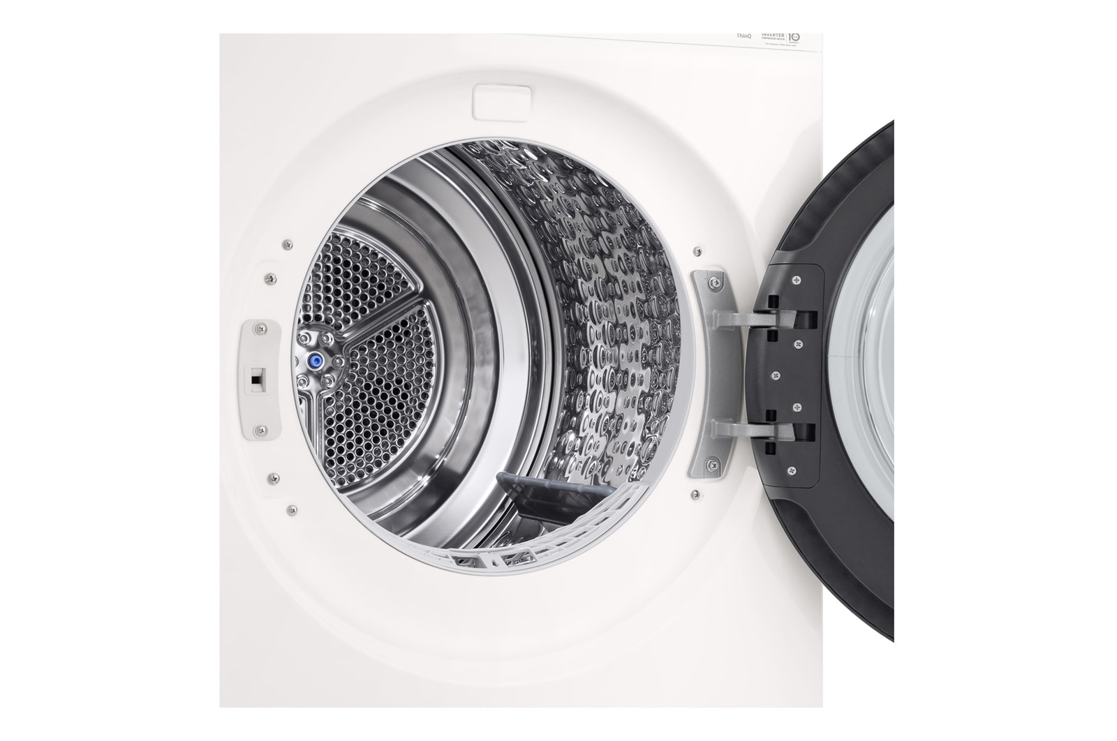 LG DXH3 Heat Pump Dryer with door open showing stainless steel drum interior