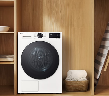 Image showing the front view of the LG Dryer in a premium wood-toned interior