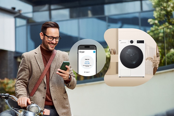 A man remotely controlling the LG dryer through the thinq app
