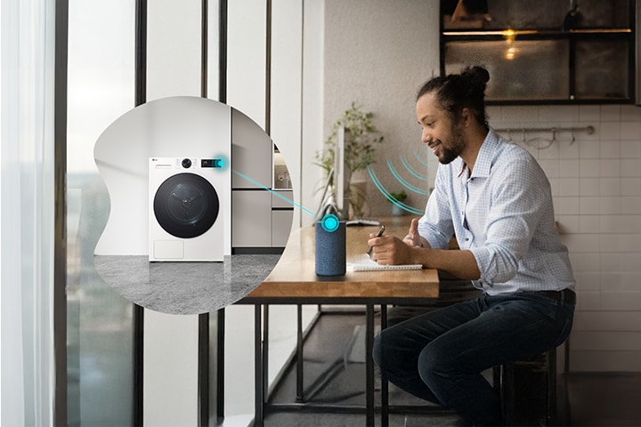 A man controlling the LG dryer with voice assistant