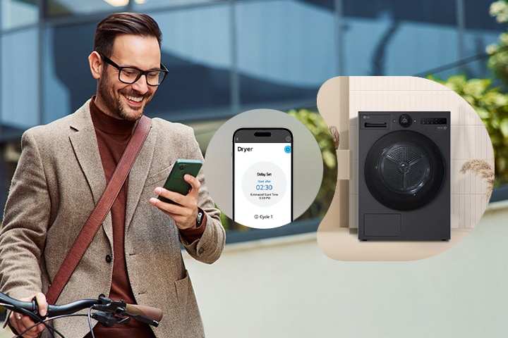 A man remotely controlling the LG dryer through the ThinQ app on his phone.