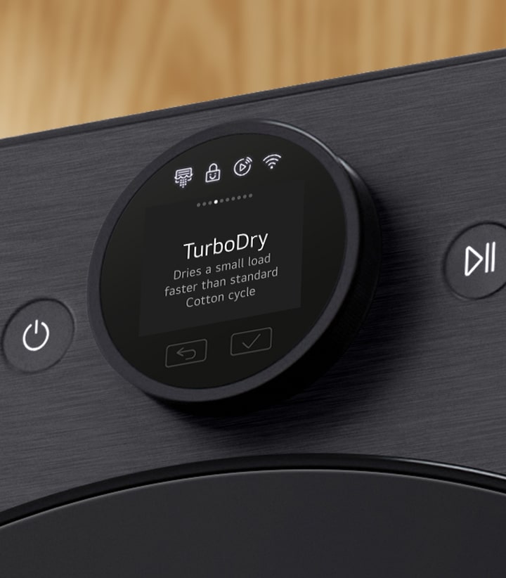 Close-up image of an LCD dial showing the 'TurboDry' cycle name