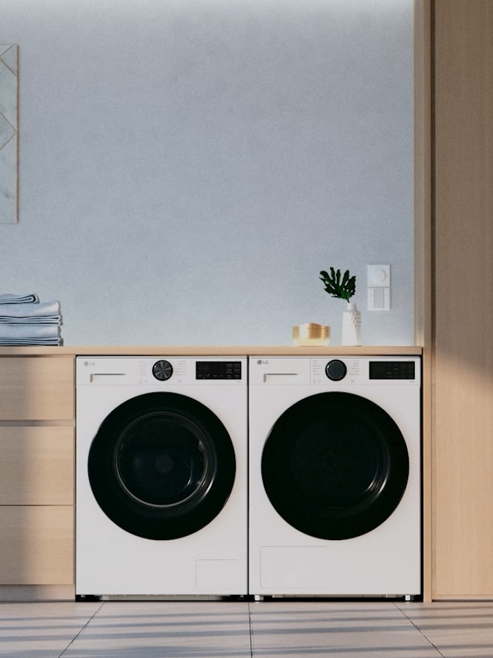 A video showing close-up details of LG washing machine, such as inside the drum, and display panel.