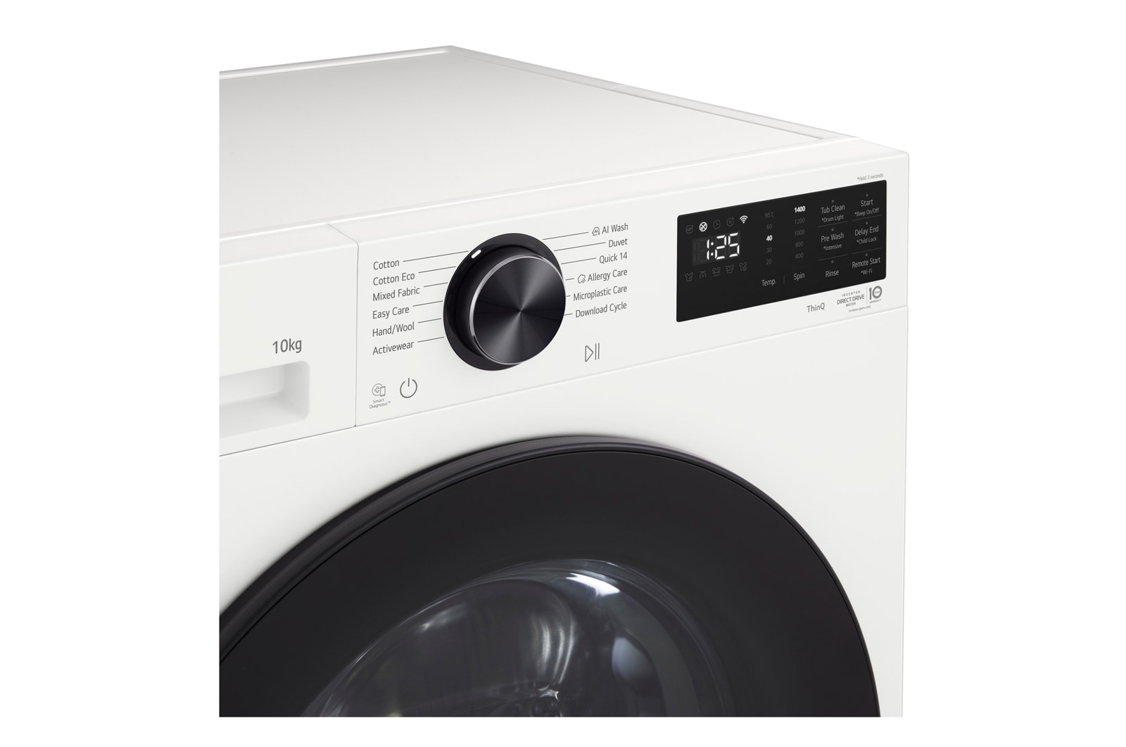 LG Series 3 Front Load Washing Machine right angled close up with door open showing stainless steel drum interior