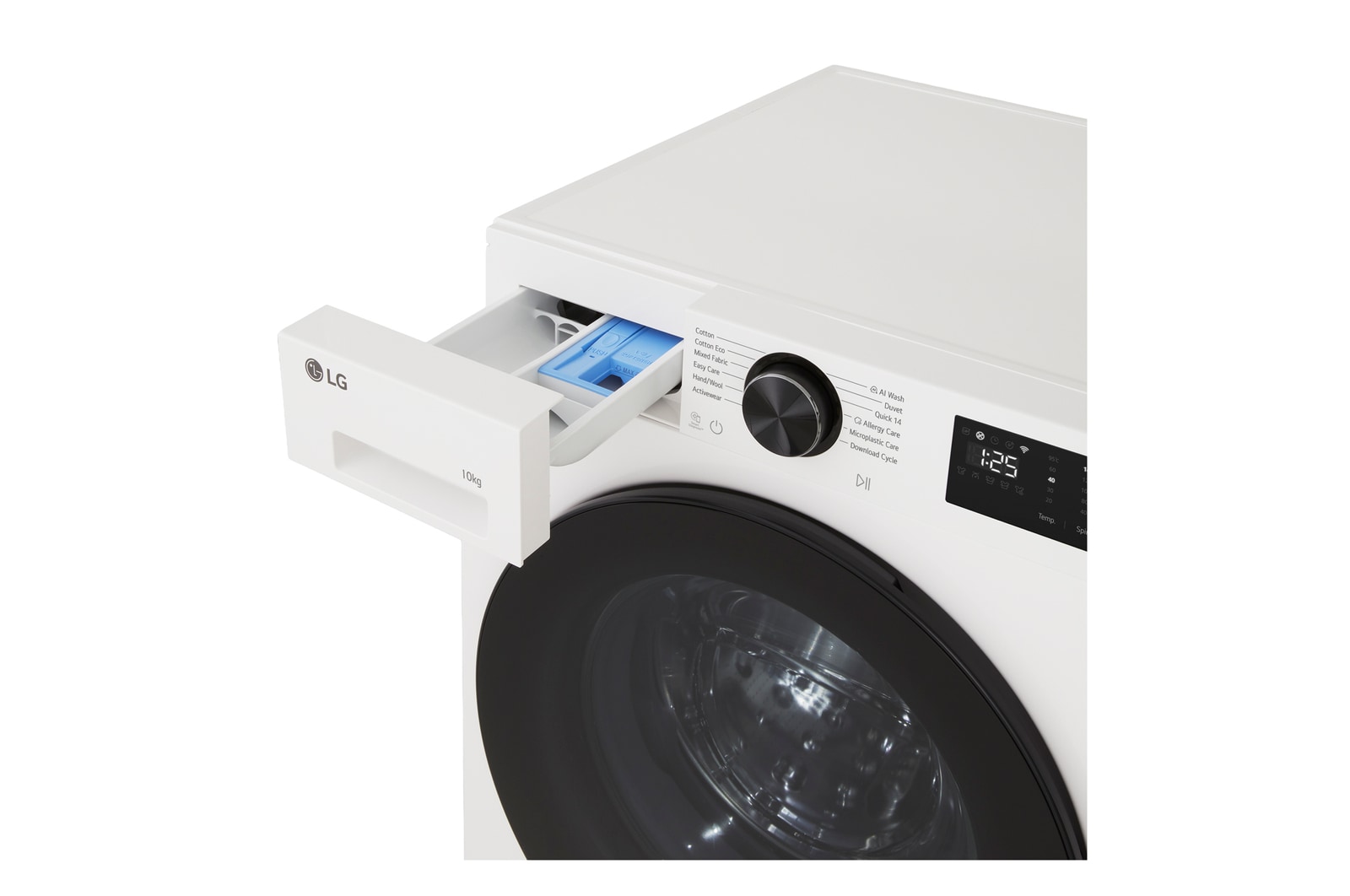 LG Series 3 Front Load Washing Machine right angled top overhead detergent drawer pulled open showing detergent and softener compartments in a front load washer unit