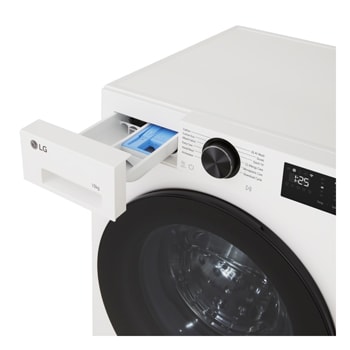 LG Series 3 Front Load Washing Machine right angled top overhead detergent drawer pulled open showing detergent and softener compartments in a front load washer unit