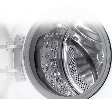It shows in detail the inside of the washing machine drum.