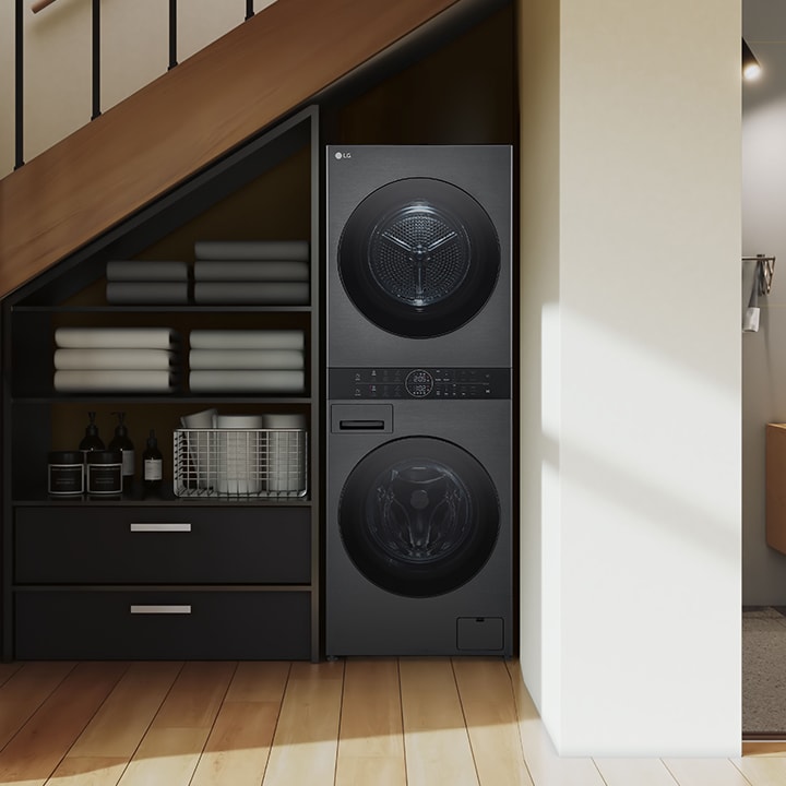 Wash Tower installed in the laundry room under the stairs on the 1st floor wd-washtower-24-platinum-black-PDP-GP1-05-4-desktop.jpg