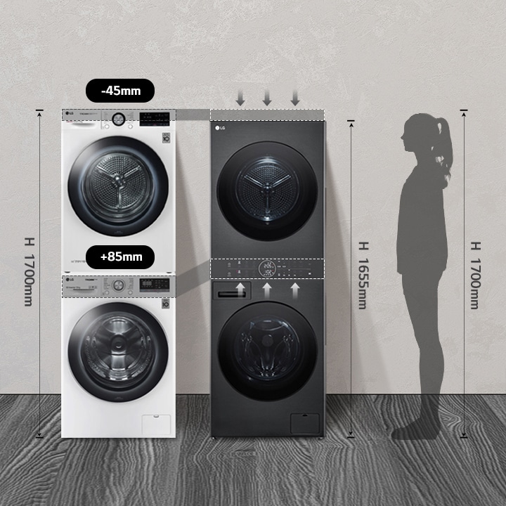WashTower with indication of average height comparison showing easy reach of the control panel