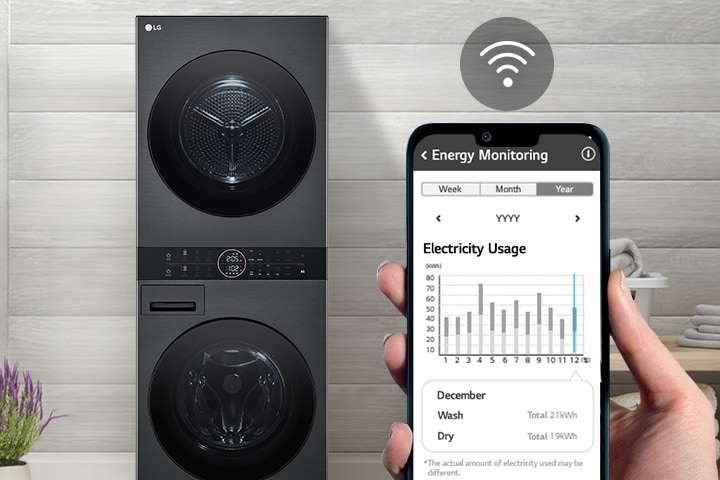 A washer sits in a laundry room. A hand holding a phone shows the screen to the camera and the screen displays the maintenance information and energy usage with a WiFi symbol above the screen.