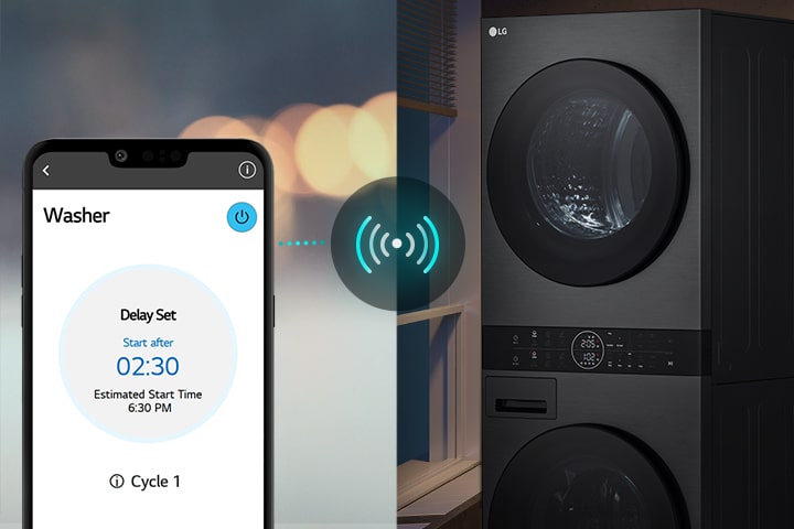 An image on the left shows a man looking down at his phone. The image on the right shows the washer at home with a green light on the display. At the centre of the two images in a picture of the screen of the phone which shows the washer on the LG ThinQ app and a connectivity icon.