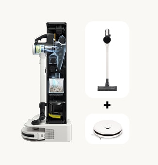 On the left, there is an exposed interior of a combi tower, and on the right, there is a stick vacuum and a robot vacuum placed.