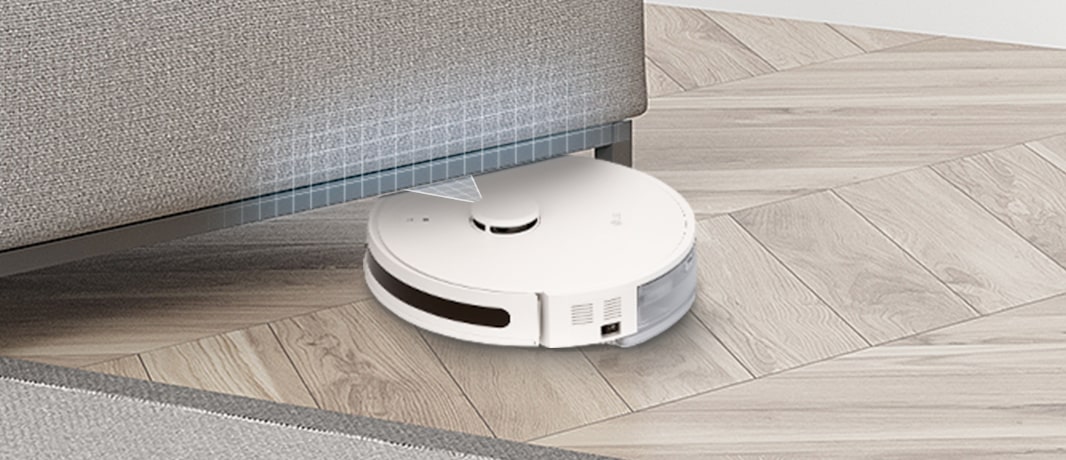 Robot vacuum detects an obstacle while being pressed against the sofa.	