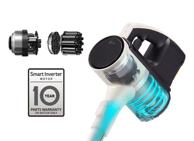 The graphic image shows the Smart Inverter Motor and the Axial Turbo Cyclone. In addition, the vacuum head and the head part are made transparent to show the Smart Inverter Motor installed from the inside.	