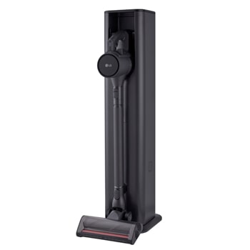 up to 220w powerful suction power. LG handstick vacuum with 220W suction power, visualized by blue airflow for high-performance cleaning.