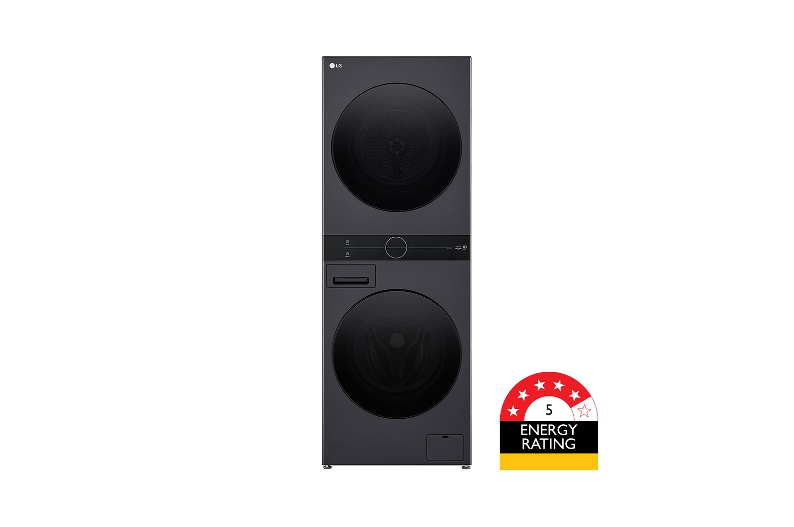 Front view of 12/10kg WashTower™ Stacked Washer Dryer Black WWT-1210MBK