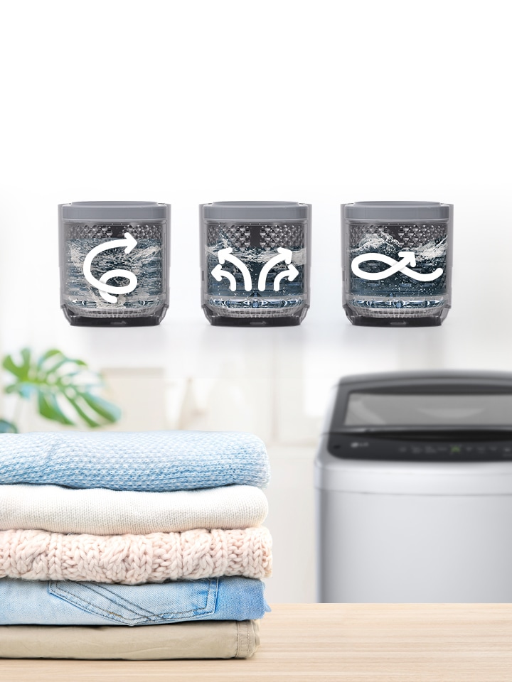 In the background, there is a washing machine, and in front, there is a clean laundry and a washing machine motion icon on it	