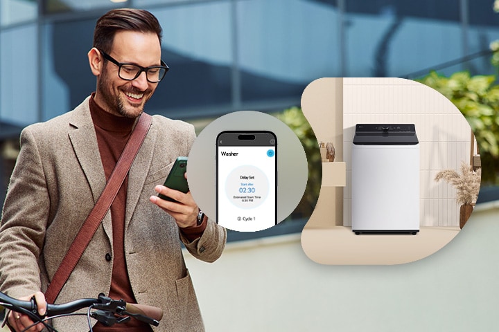 A man remotely controlling the LG washing machine through a ThinQ app
