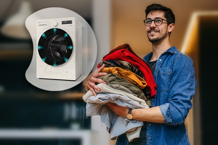 He's standing with the finished laundry, and next to him, he's showing a larger image of the interior of the washing machine