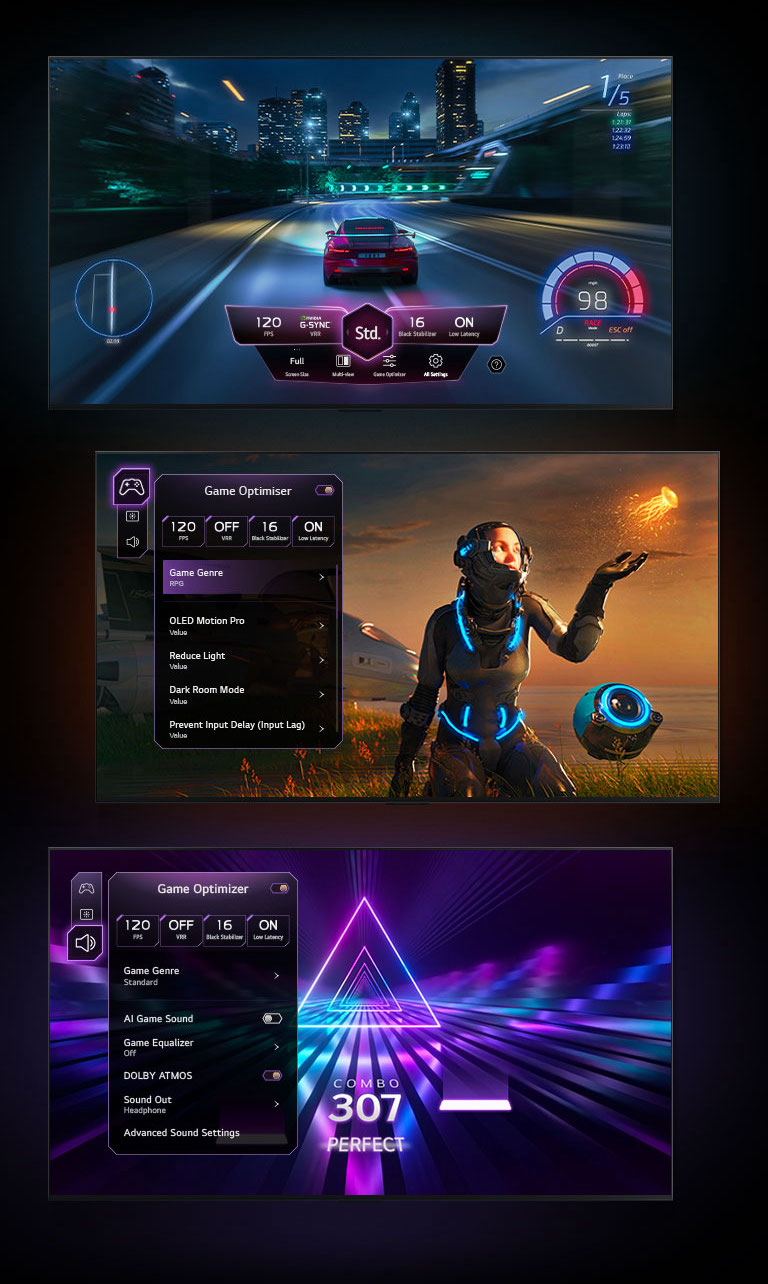 Three game screens are shown against a black gradient background. One shows a car racing game with the Game Dashboard hovering over the action. Another shows a Sci-Fi game with the Game Optimizer menu. And the last screen shows Game Optimizer's Game Tab over a music game.