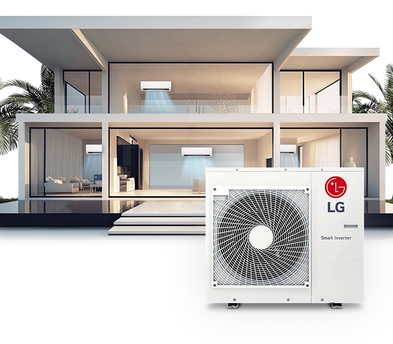 A two-story mansion showcases four LG indoor units through large glass windows, their airflow discernible, with an LG Smart Inverter unit outside.