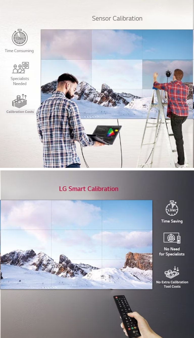 On the left, there is a person using sensor calibration to adjust the colors of the video wall through the connected laptop, and the other person on the ladder is assessing the screen error. In contrast, LG Smart Calibration user on the right is simply and conveniently adjusting on a remote controller.