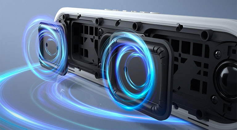 The LG StanbyME XT7S speaker is placed on the surface, showing the dual passive radiators. Blue graphics come out of the passive radiators and the bottom of the speaker.